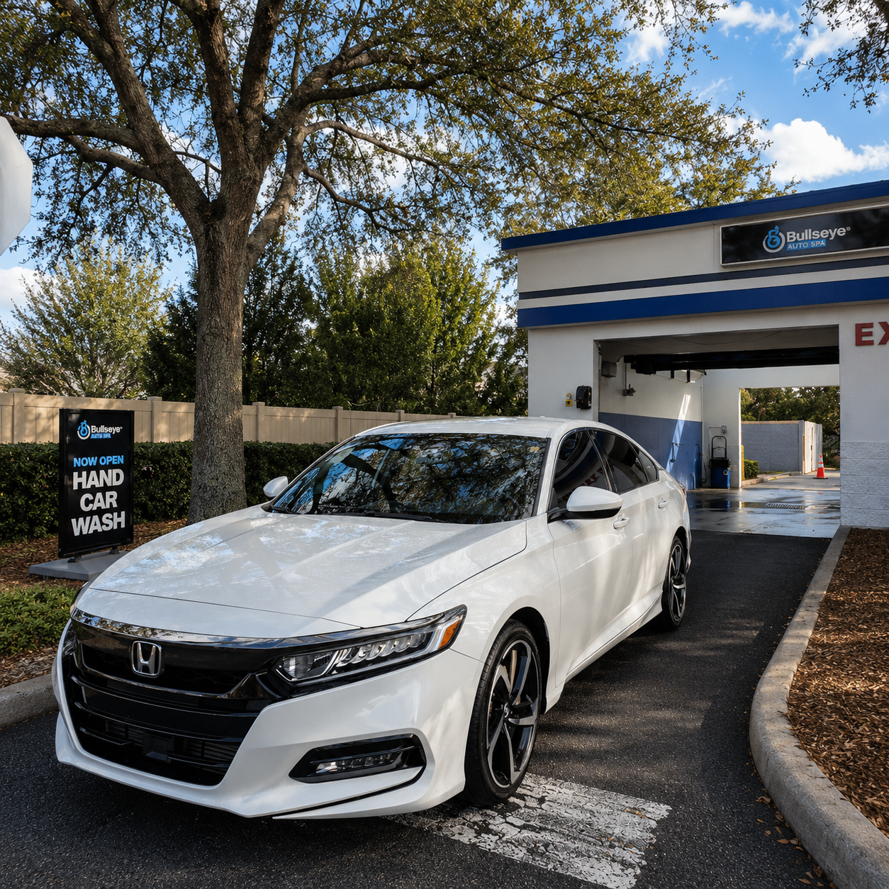 Honda Accord blanco frente a Bullseye Auto Spa